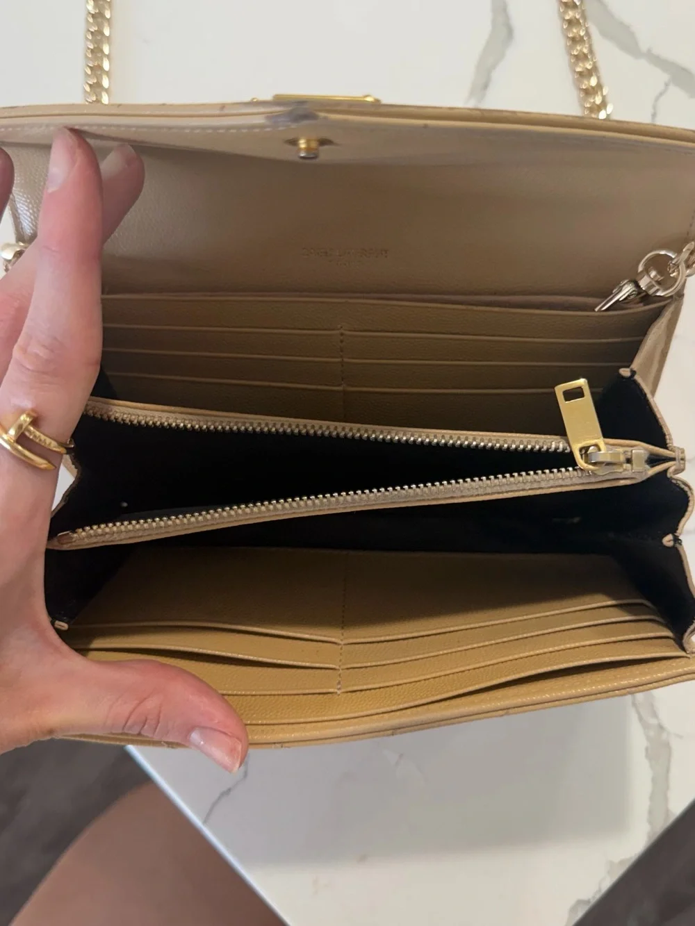 Authentic Saint Laurent YSL WOC wallet on chain Bag Cream and Gold